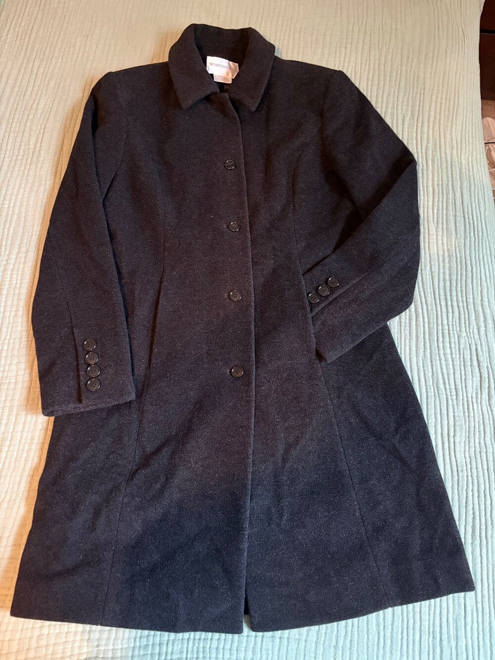 Worthington Womenโs Black Wool Blend Long Coat Size Small Button Front Career